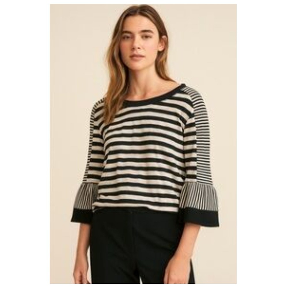 Kobi Halperin‎ Striped Bell Sleeve Knit Top Black White Ruffle Cotton Blend M